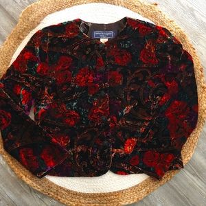 Vintage Norton McNaughton Petites Black Velvet Dark Floral Blazer Jacket